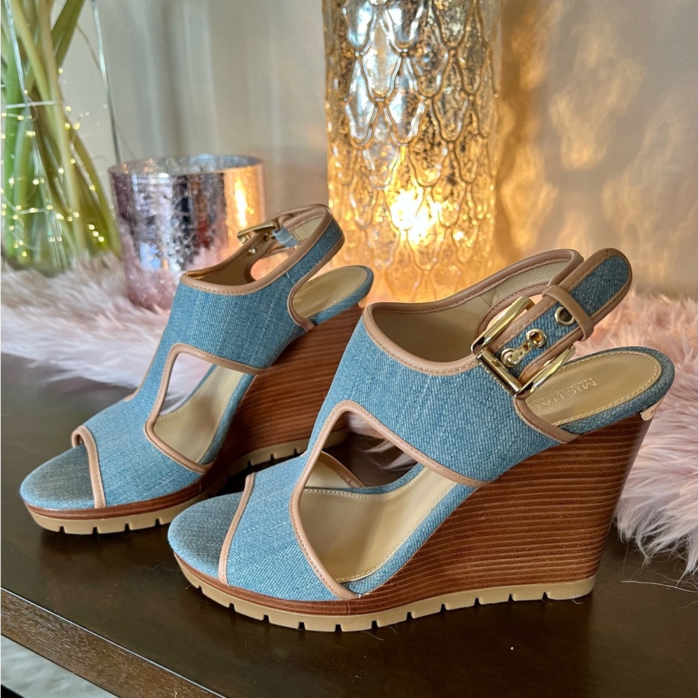 KORS Michael Kors Blue and Tan Wedge Sandals